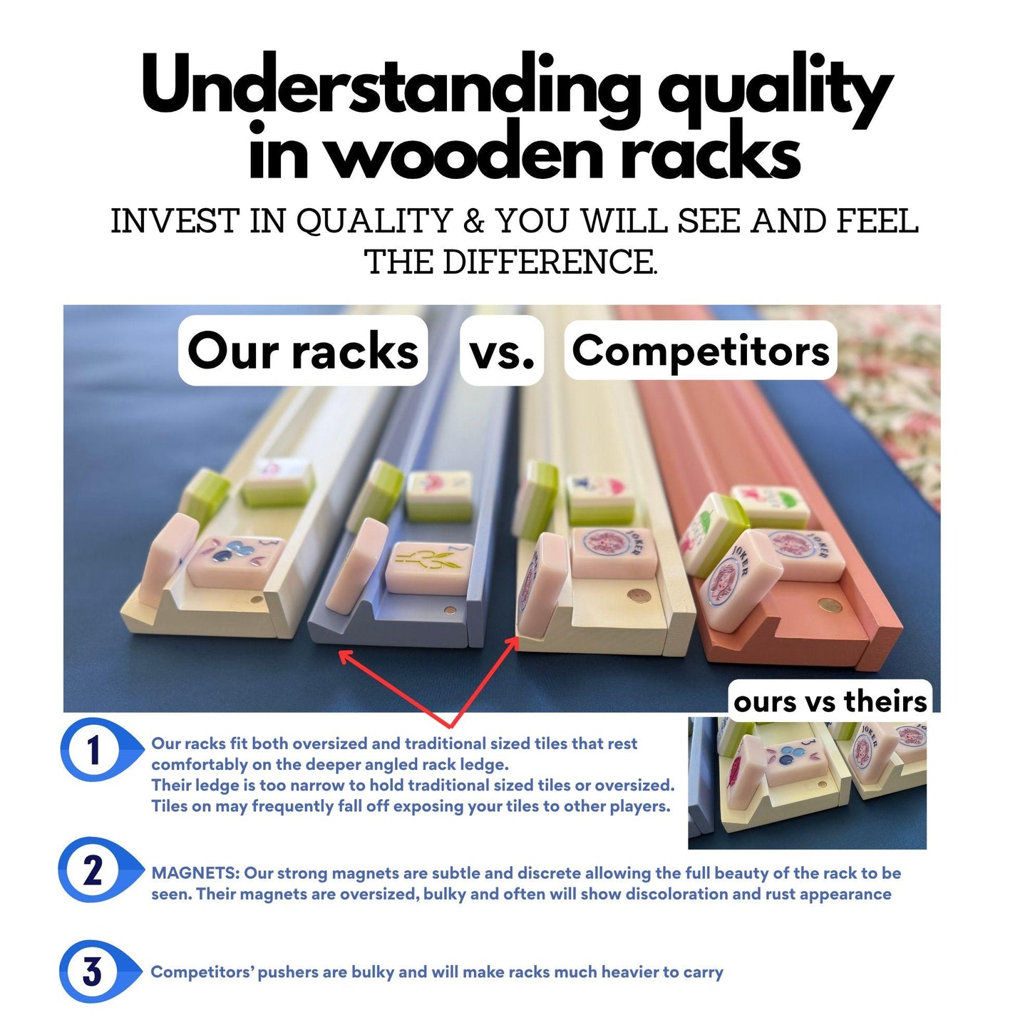 Wooden Mahjong Rack with Magnetic Pusher – Set of 4 19" racks