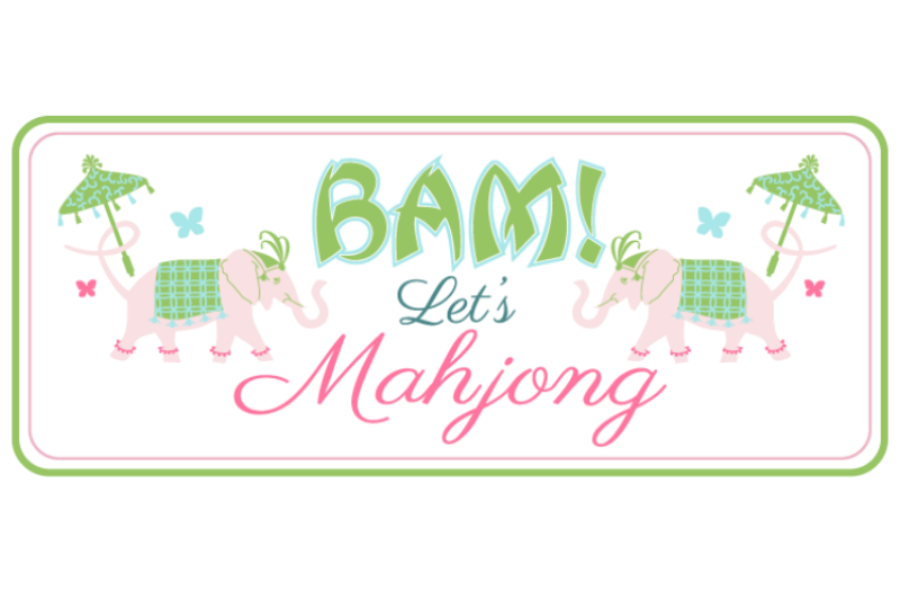 Logo for 'BAM! Let's Mahjong' with elephants and plaid patterns on a white background.