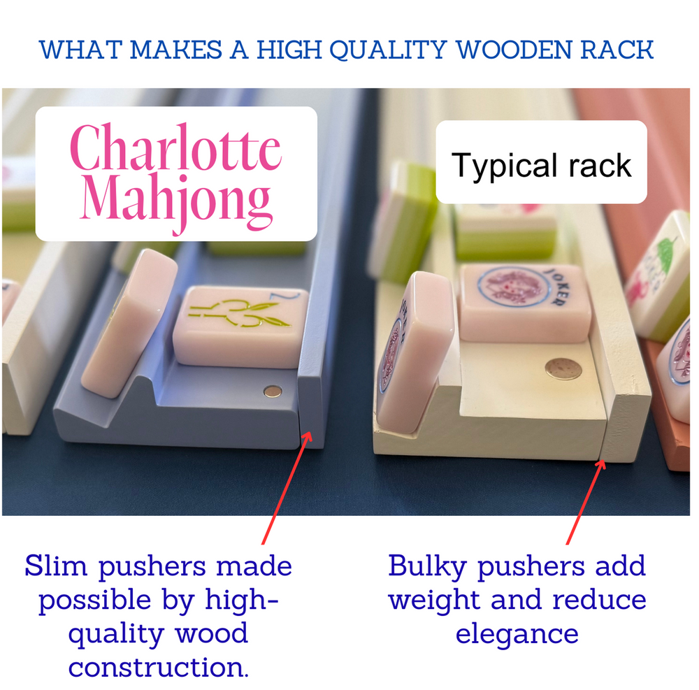 Comparison of Charlotte Mahjong wooden rack with slim elegant high end pusher and a typical rack with bulkier pusher