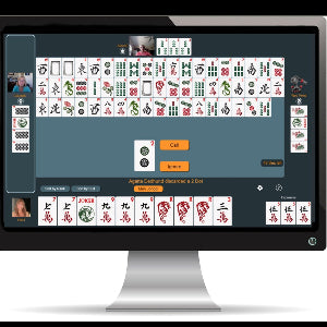 Computer screen displaying a digital version of Mahjong game with tiles and player avatars.
