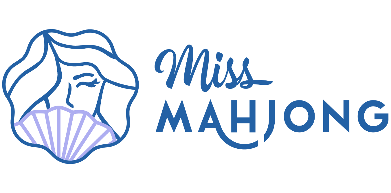 Logo of Miss Mahjong with a stylized face holding a fan on a white background